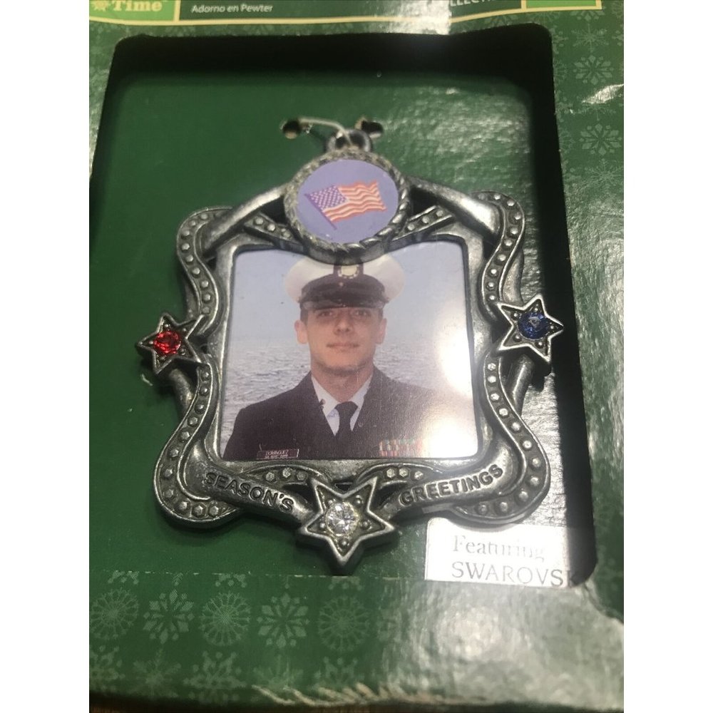 HOLIDAY TIME MILITARY SWAROVSKI CRYSTAL FRAME ORNAMENT PEWTER
